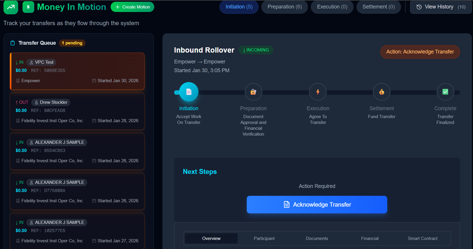 TrustRails dashboard showing the newly created rollover in the transfers list